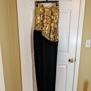 Vintage Pantagis Long Strapless Gown Black Velvet & Gold Sequins - 7/8 NWT Flaw